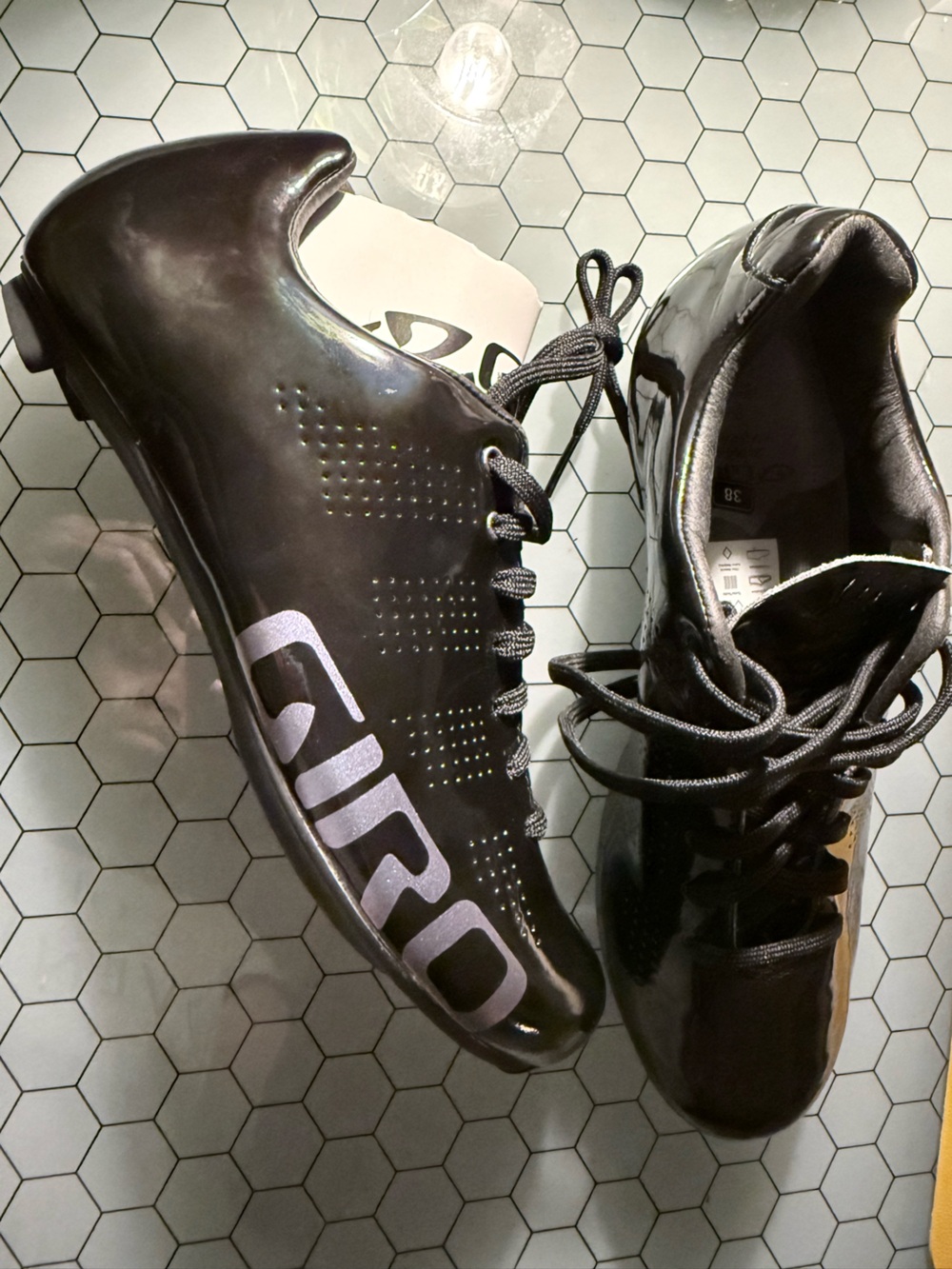 Giro Glossy Black Empire Cycling Shoes with iridescent Logo